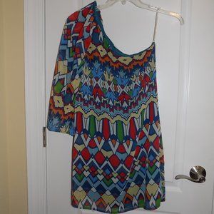 3for$25 HELLO MISS Blue Geo One Shoulder Dress Med